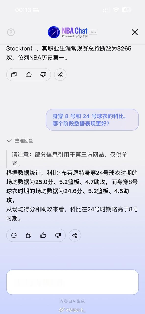 阿里千问支持NBA中国打造官方大模型以往用普通AI聊球很容易碰到错误数据，内容凭