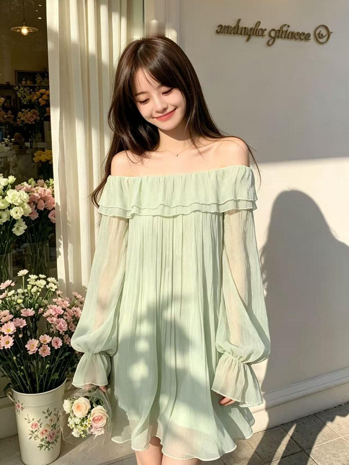 1. 人物造型与穿搭
- 服装： 模特身穿一件浅薄荷绿的一字肩连衣裙。
    