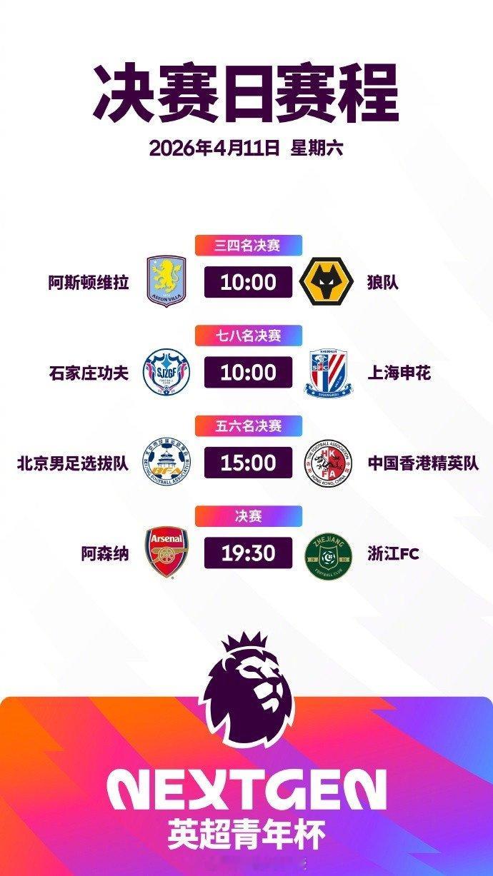 英超青年杯决赛日赛程：今晚19:30，阿森纳U15队与浙江队争冠 英超青年杯 阿