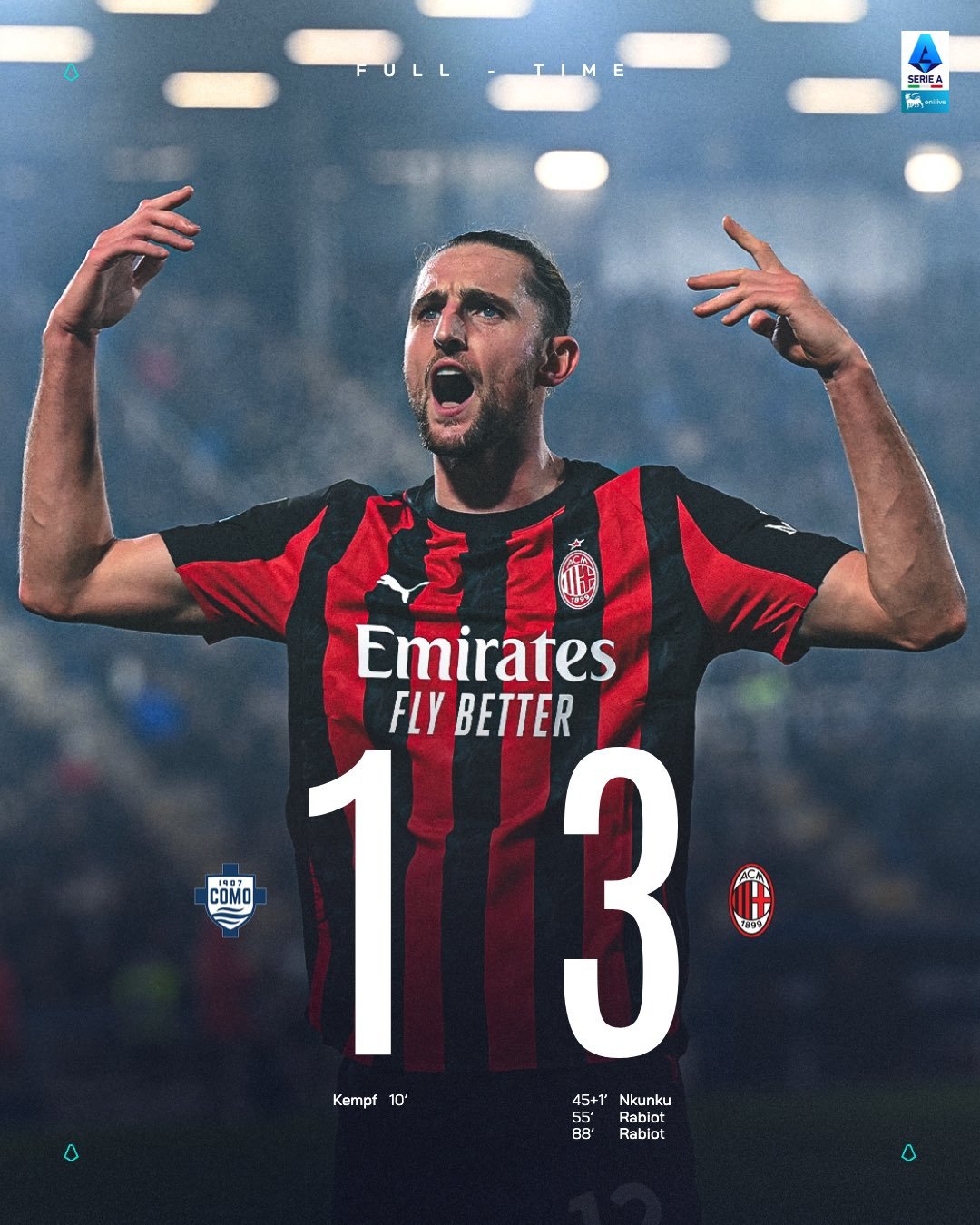 【赛果】 2025-26赛季意甲联赛 第16轮补赛：🔴⚫️ 米兰客场3：1击败