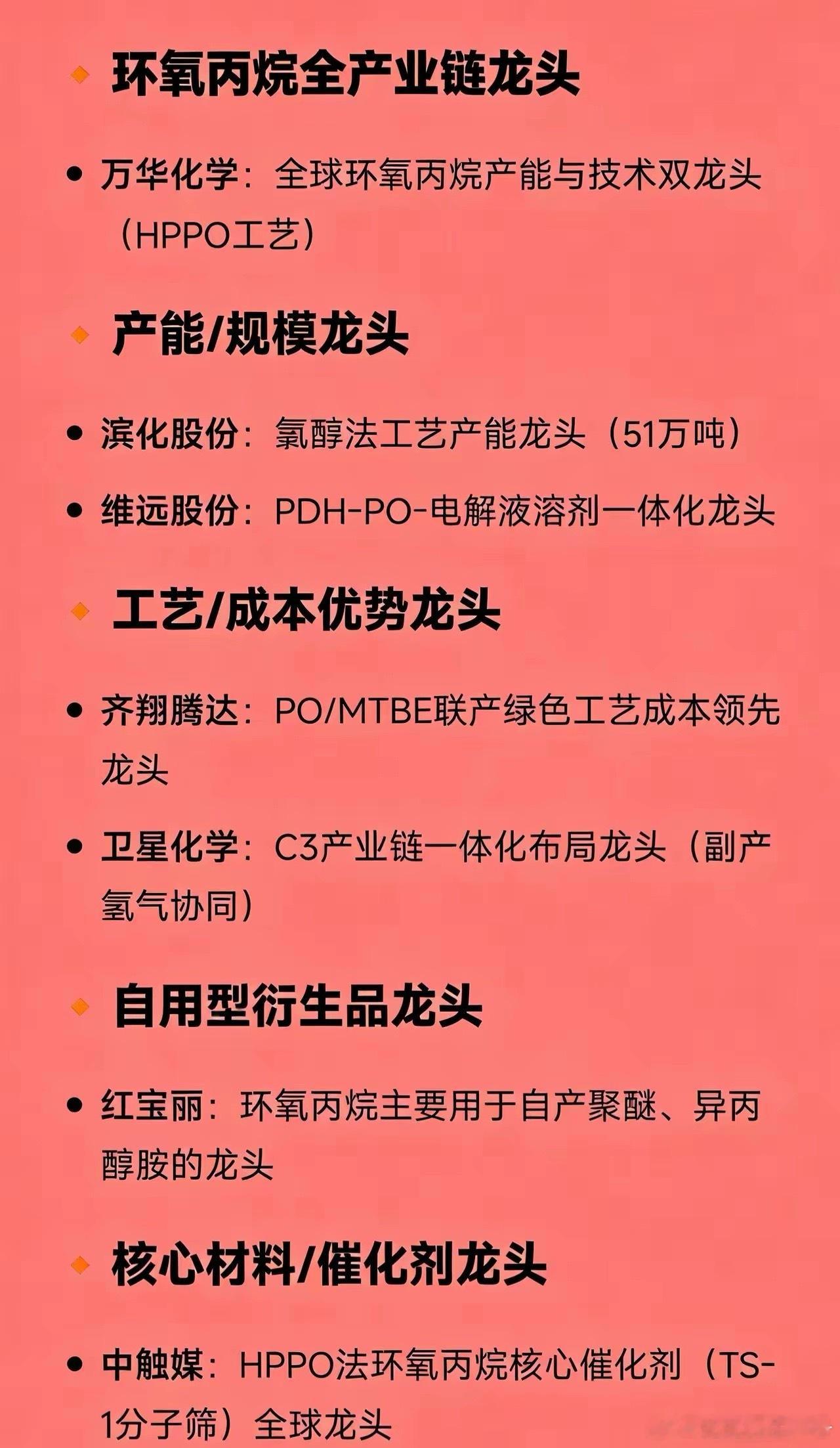🔸 环氧丙烷全产业链龙头万华化学：全球环氧丙烷产能与技术双龙头（HPPO工艺）