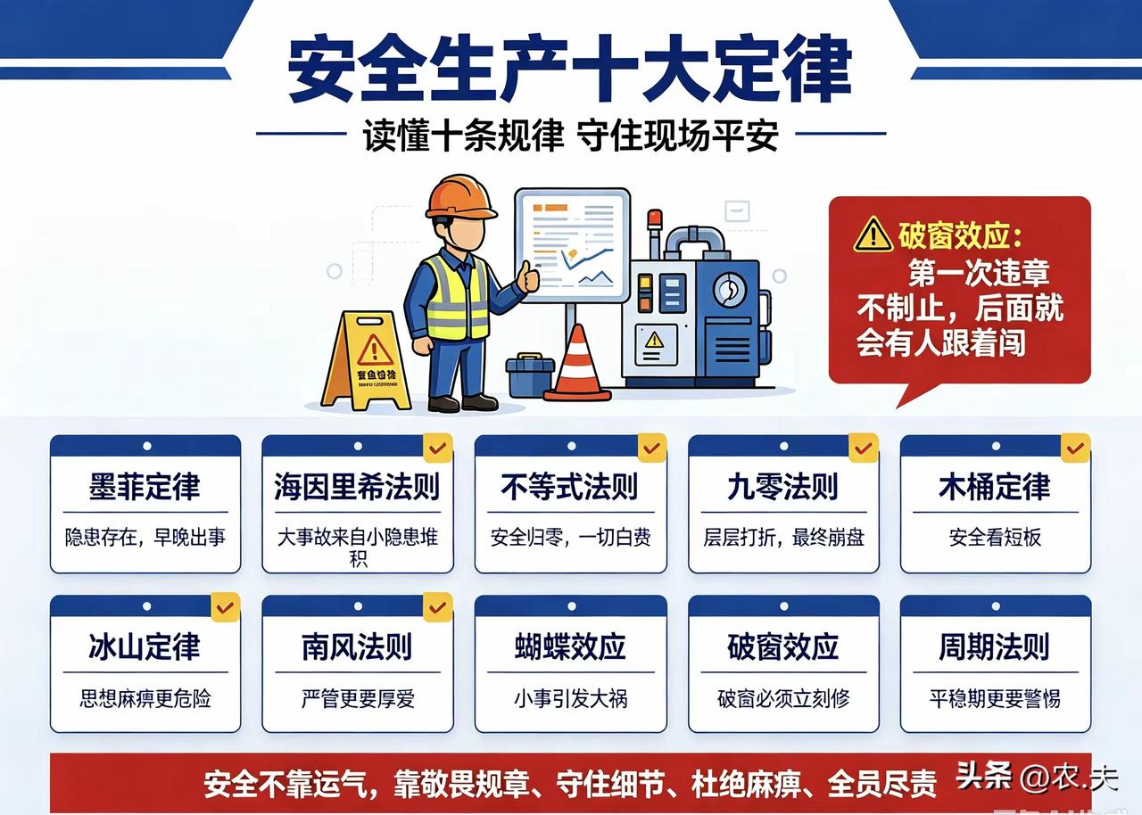 安全生产十大定律——
安全不靠运气，靠敬畏规章；
守住细节、杜绝麻痹、全员尽责。