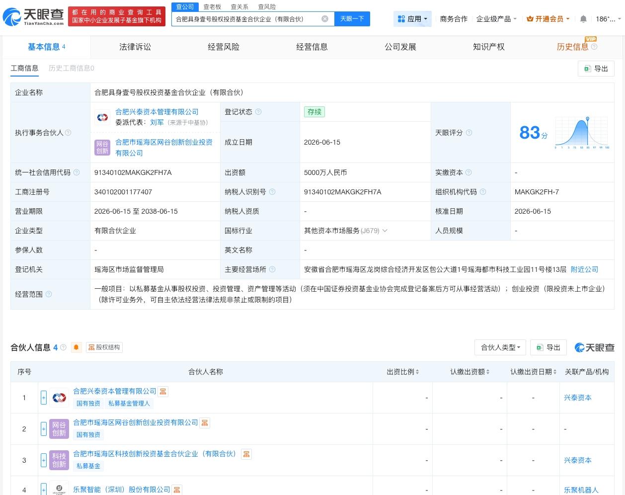 乐聚机器人等在合肥成立具身基金
天眼查 App 显示，近日，合肥具身壹号股权投资