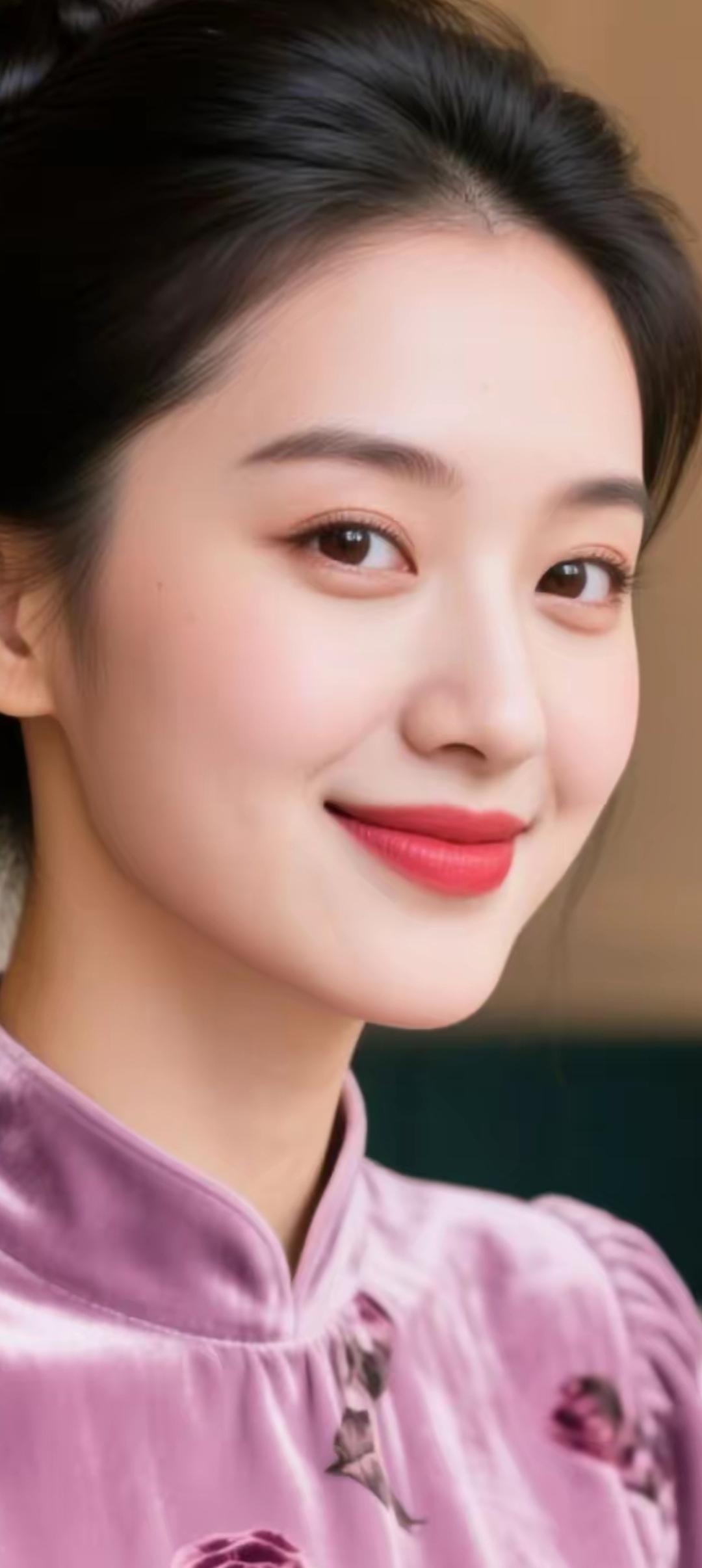 温柔甜美的少女，粉紫色旗袍，优雅动人。