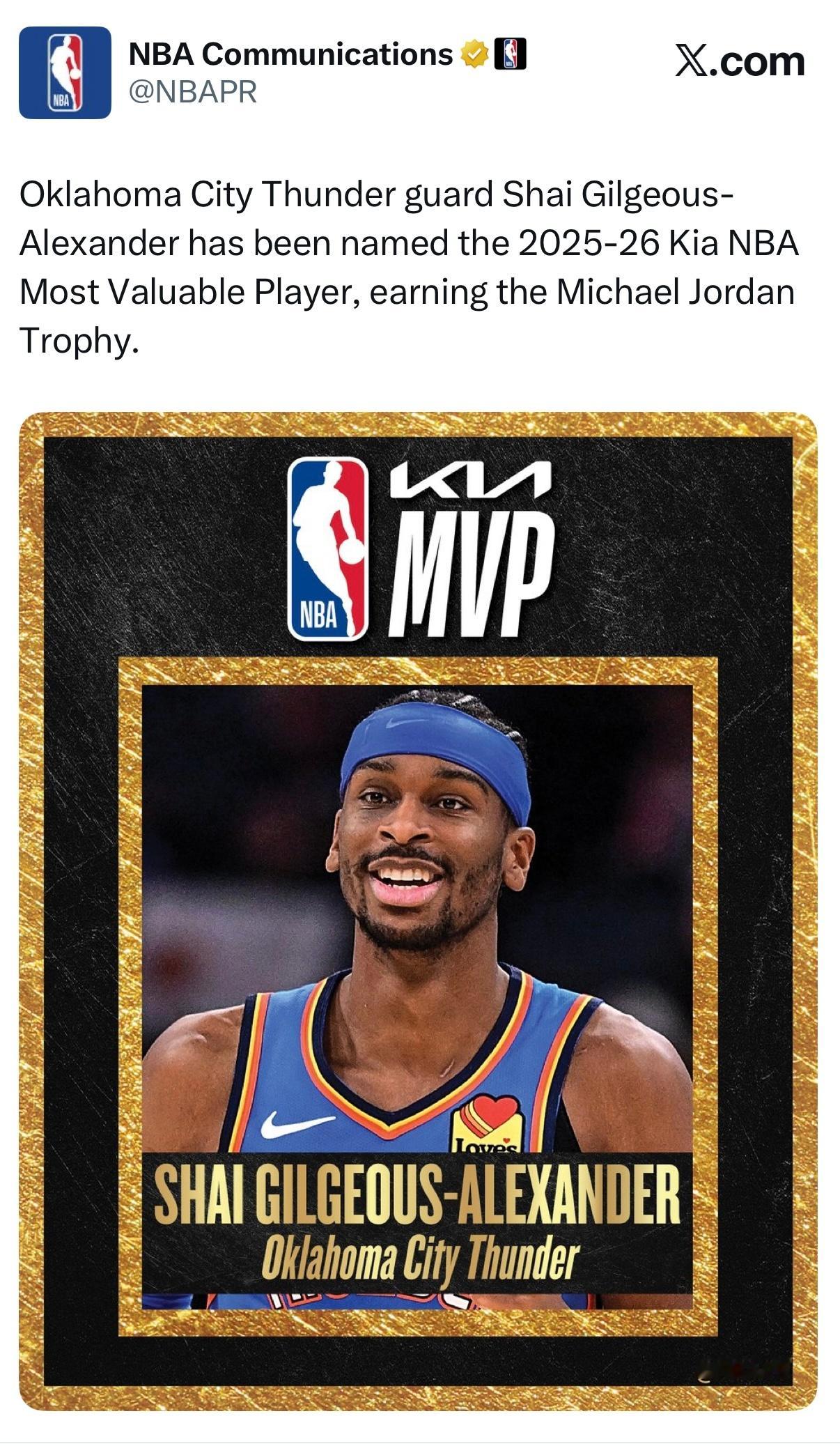 NBA官方宣布，雷霆后卫亚历山大当选本赛季最有价值球员。 