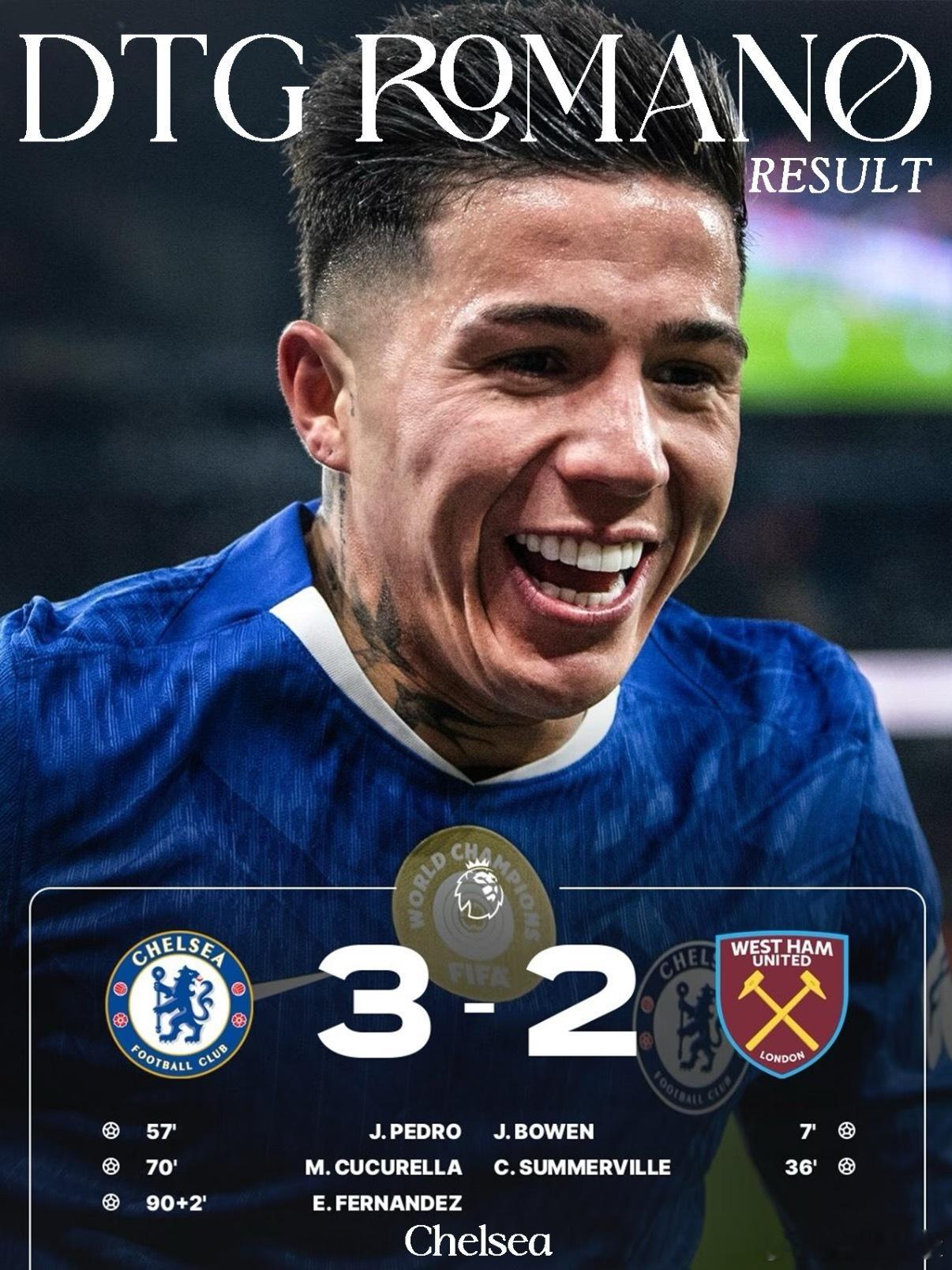 切尔西3比2西汉姆联西汉姆联客场先声夺人两球领先，蓝军半场三换人成胜负手，连追三