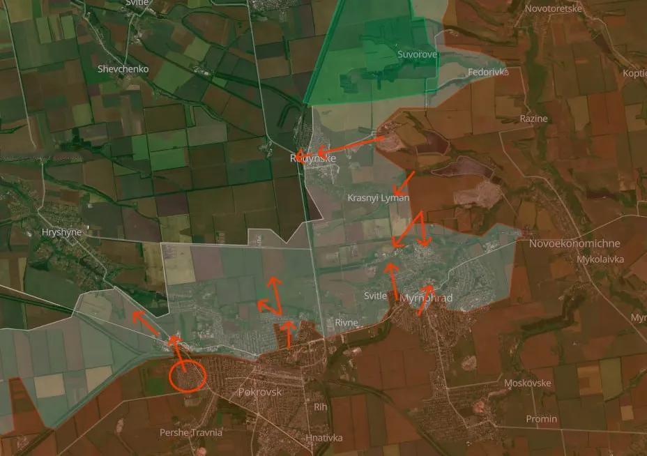 乌军再次夺回罗夫斯克，看来这里拉锯战仍将持续。下图为波克罗夫斯克与米尔尔诺格勒近