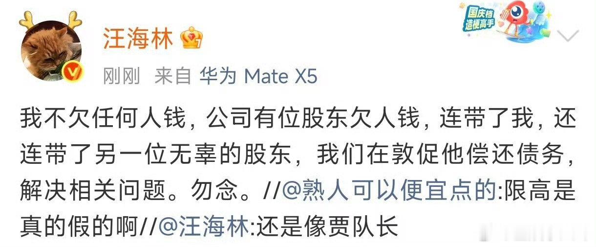 汪海林回应被限高汪海林说不欠任何人钱汪海林限高 汪海林被曝限高后首度回应，澄清自