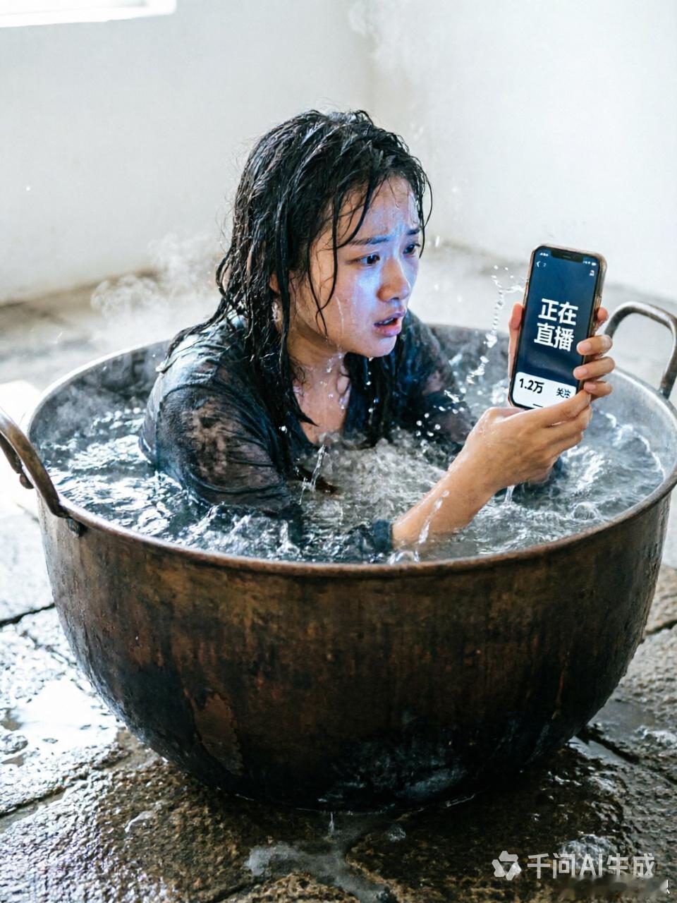女子走路玩手机掉进大锅全身湿透一边走路一边刷手机的人，这下真的体验了一把“人在锅