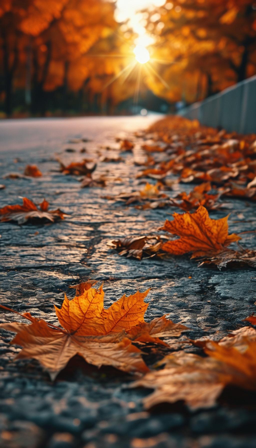 秋阳碎金般淌在石径上，橙红枫叶铺了一路，叶脉里浸着暖光。树影裹着夕色，风过时，叶
