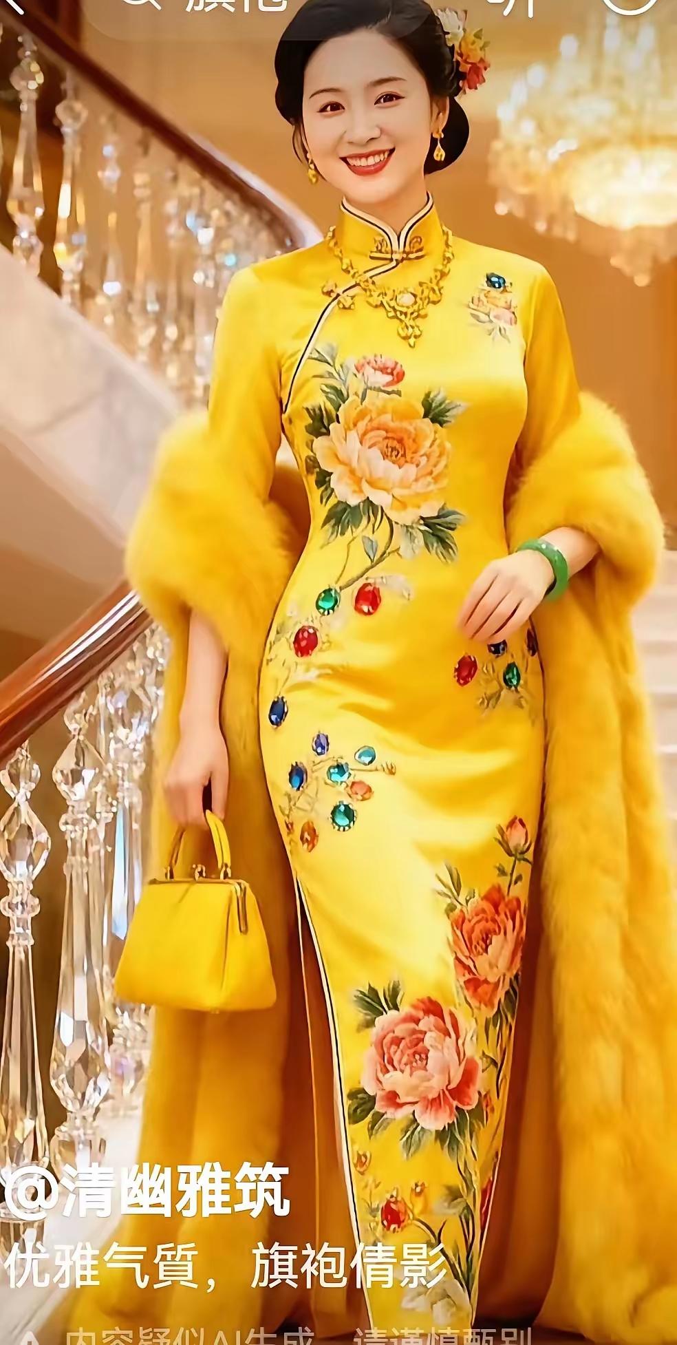 山坡羊·旗袍倩影
旗袍锦透，
画楼人秀，
佳人袅袅风姿厚。
肩凝柔，柳盈眸。
莲