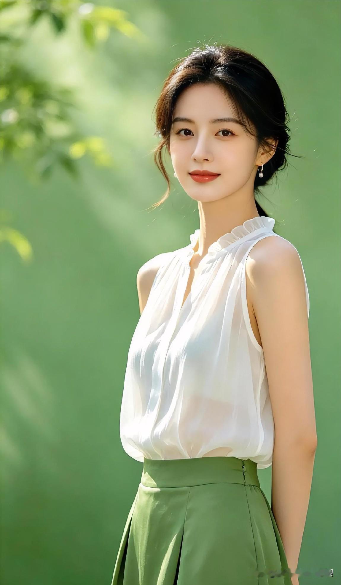 白衫绿裙相映成趣，光影流转间，清新气质与夏日绿意完美交融，浑然天成。