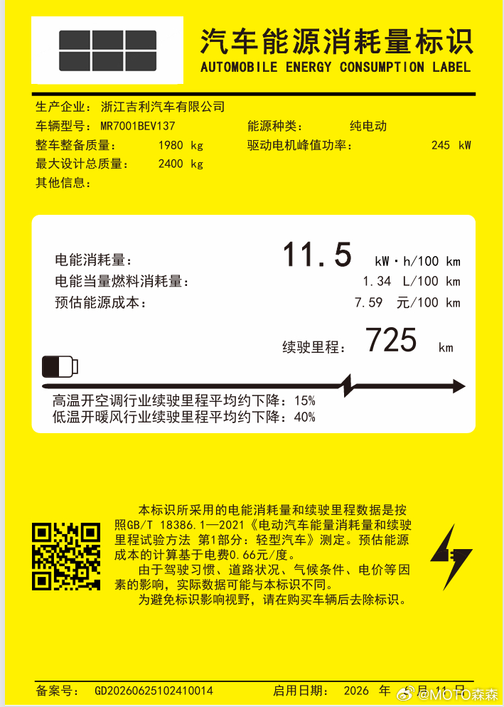 领克20小黄纸：535/545/615/630km，两个版本的整备质量差额只有5