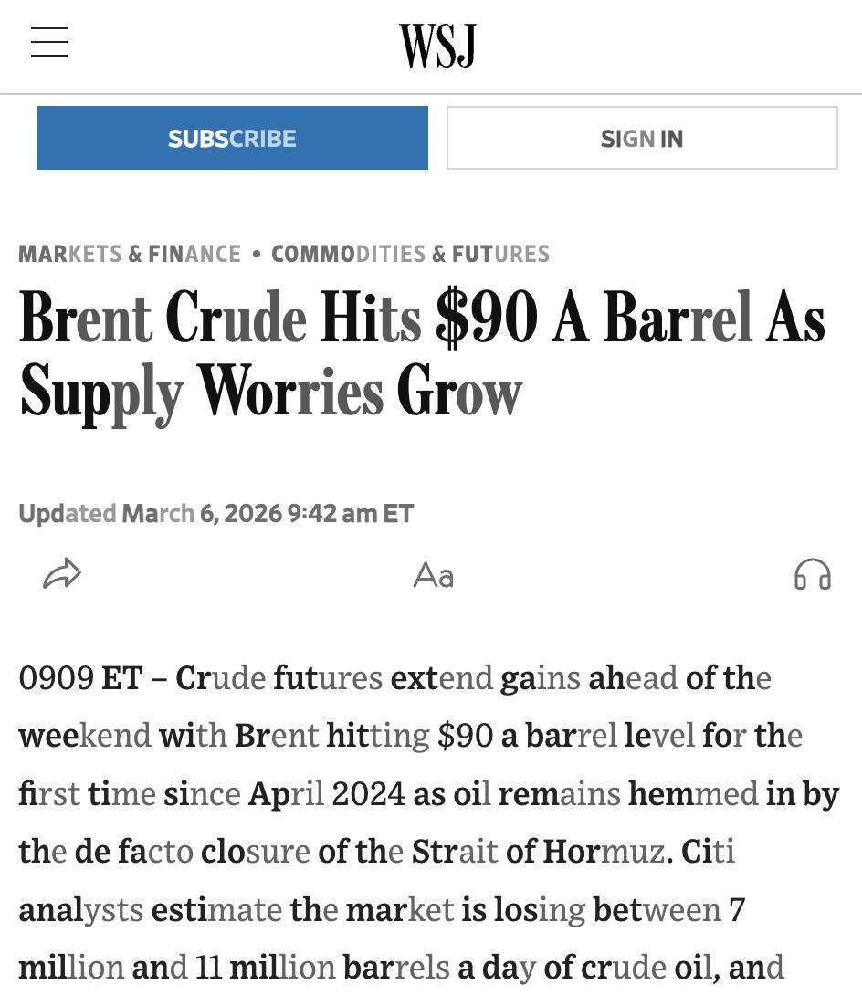 外媒：霍尔木兹海峡实际封锁，油价飙升至2024年4月以来最高

受美伊战争导致霍