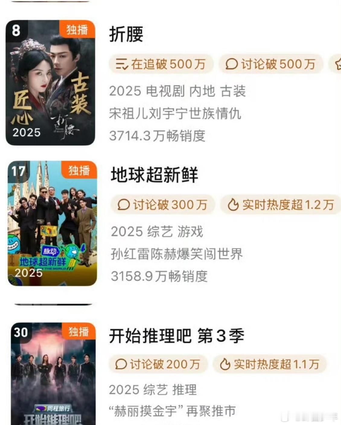 刘宇宁三部作品登腾讯拉新年榜 拉新年榜被刘宇宁承包了！《折腰》《地球超新鲜》《开