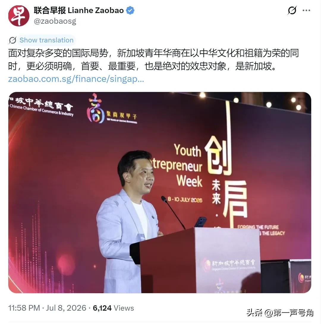 新加坡联合早报昨晚（7月8日晚）写道：“面对复杂多变的国际局势，新加坡青年华商在