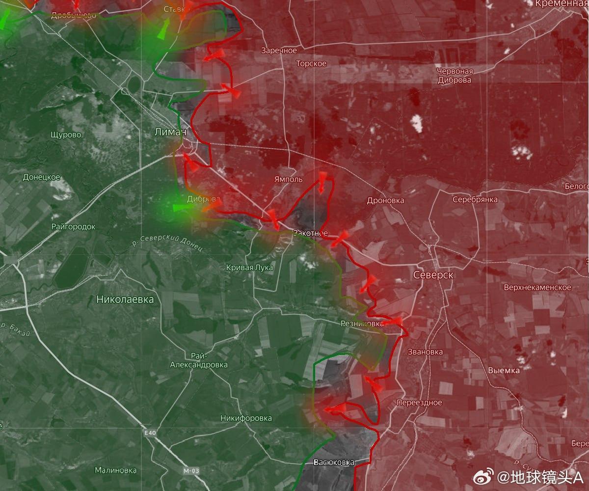 俄乌冲突 在红利曼方向，乌军防御态势正在迅速恶化。俄军部队在塞韦尔斯克以南的两个