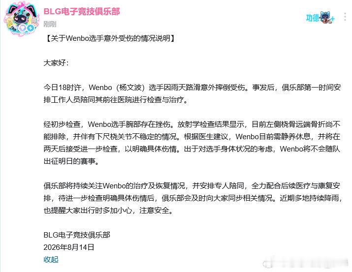 文波受伤了BLG电竞俱乐部选手Wenbo（杨文波）今18时许雨天摔倒，腕部挫伤，