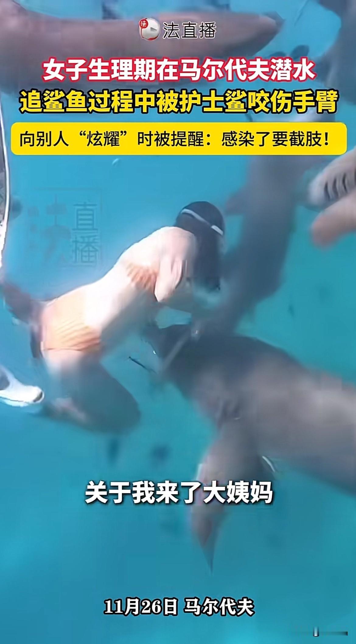 一生追求出片的女人！女子生理期时在马尔代夫潜水被鲨鱼咬伤，朋友提醒严重会截肢，女