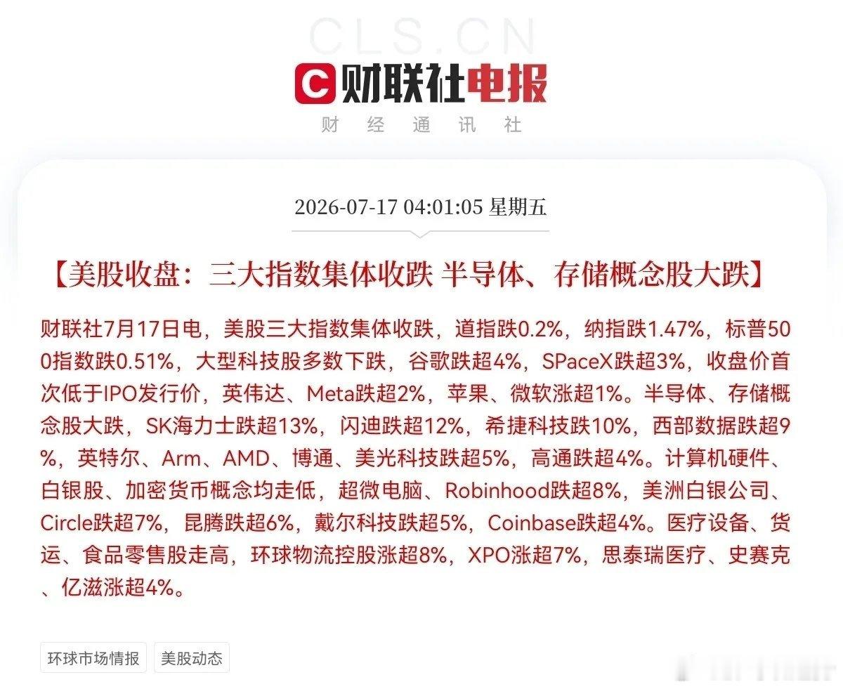 隔夜美股集体收跌，纳指跌1.47%，标普500跌0.51%。存储半导体全线重挫，