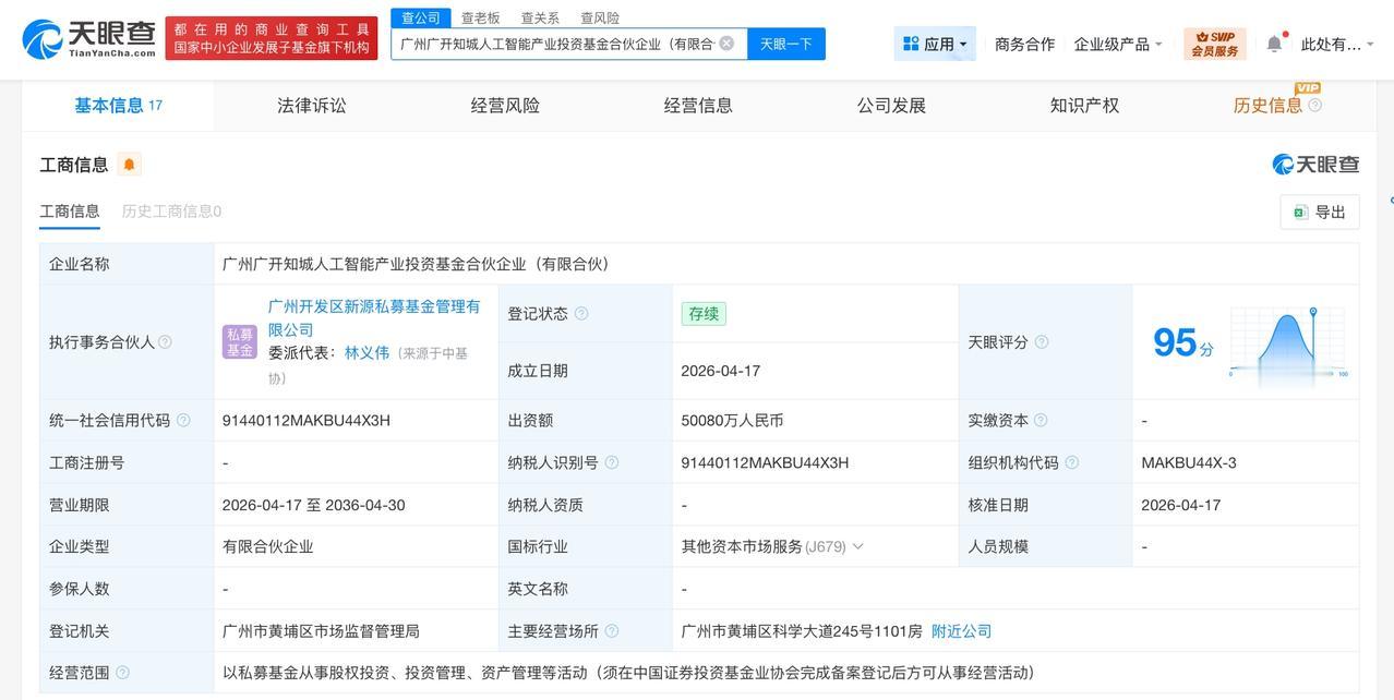广州广开知城人工智能产业基金登记成立 出资额约5亿

天眼查App显示，近日，广