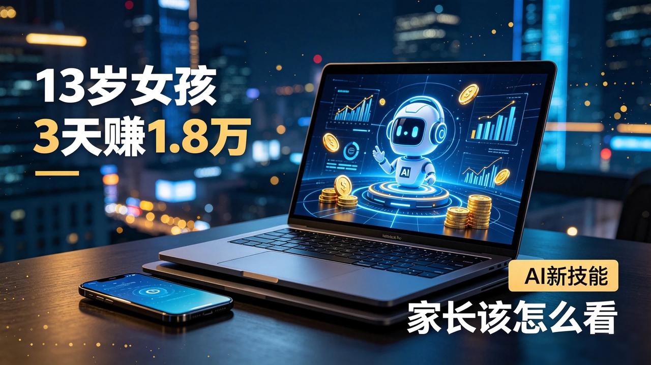 看到13岁女孩三天靠AI赚到1.8万这个新闻，心里挺震撼的。
现在的孩子学习新东