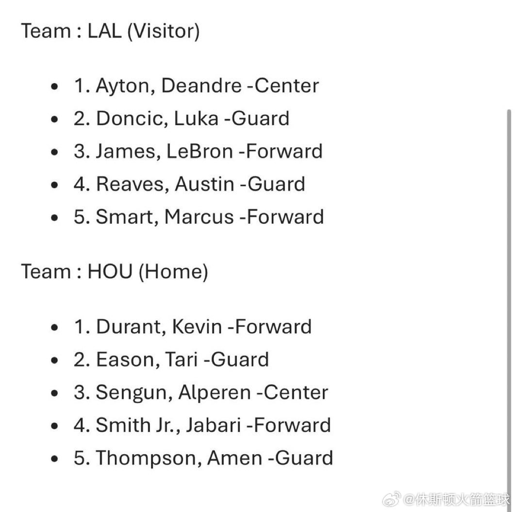 火湖二番战今日首发阵容出炉🔥▪️休斯顿火箭队（主队）1. 凯文·杜兰特 - 前
