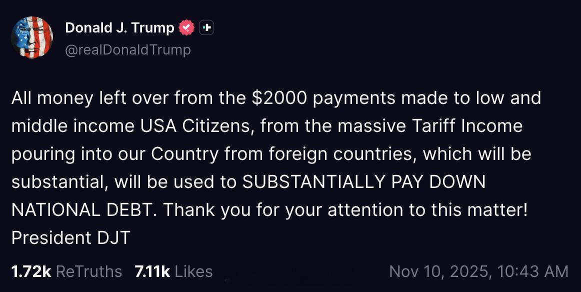 川普：“所有发放给美国中低收入公民的2000美元款项后剩余的资金，以及来自外国的