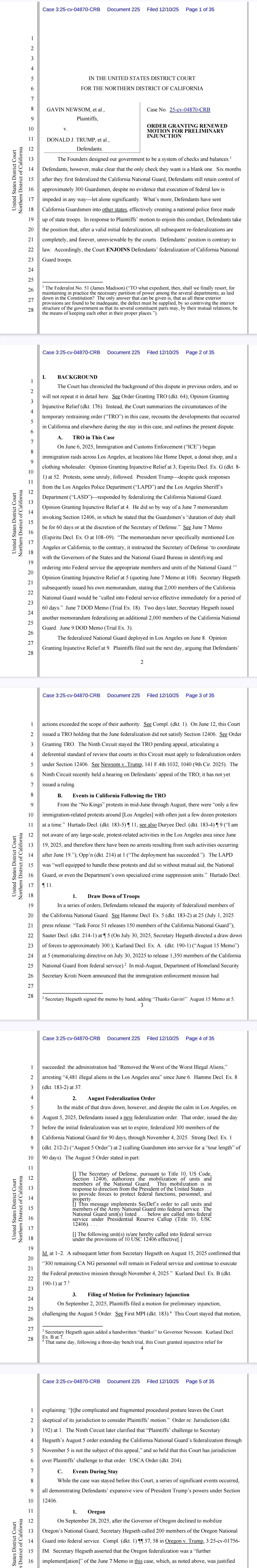 美国加州州长纽森起诉特朗普，联邦法官裁定，国民警卫队必须撤出洛杉矶。 