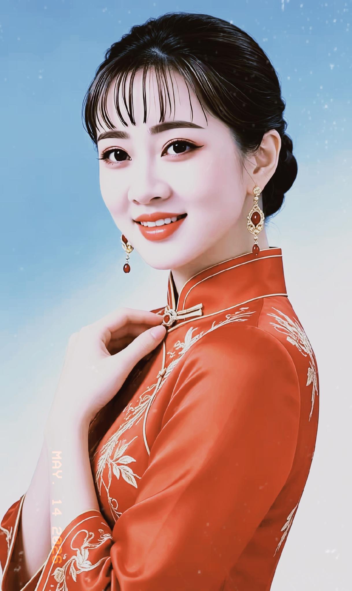 这位美女穿着红色旗袍，笑容甜美。