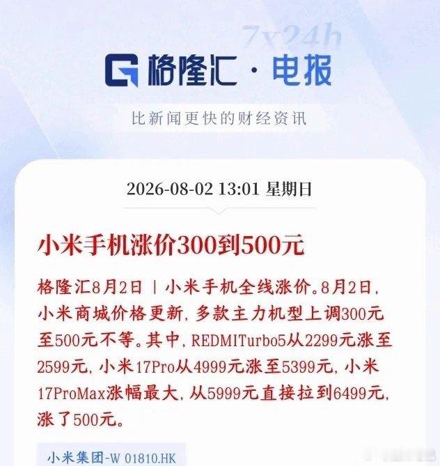 8月2日小米多款手机上调售价，红米机型涨300元，小米17系列最高涨500元，硬