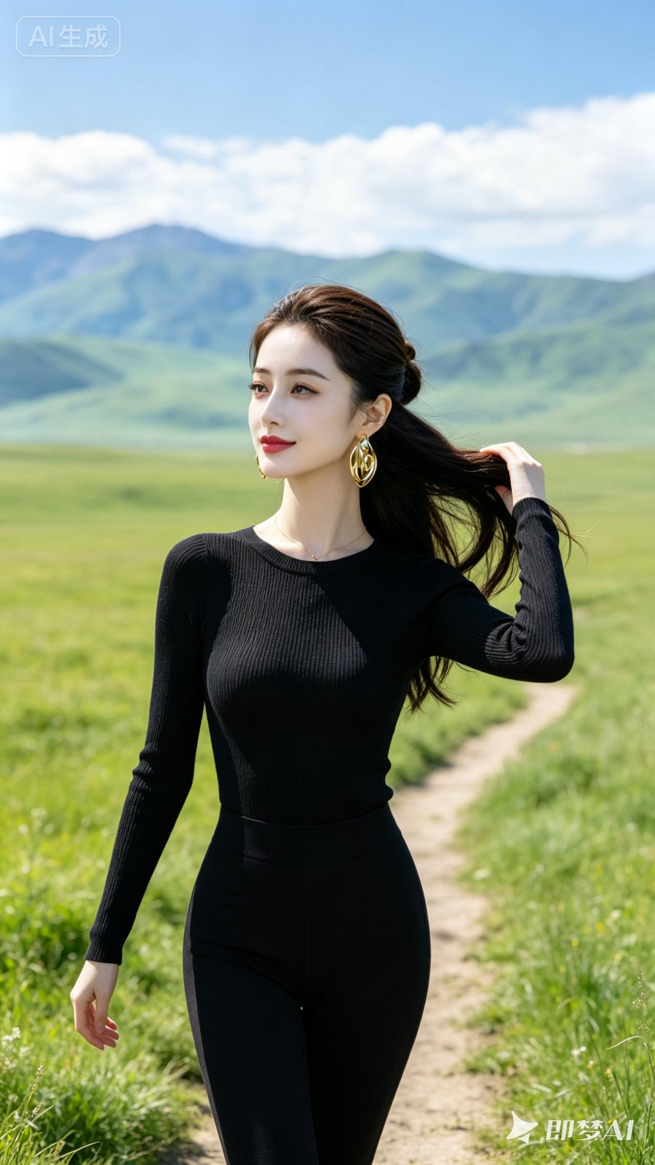 黑衣少女漫步在草原，耳畔风声轻拂，自在悠然。