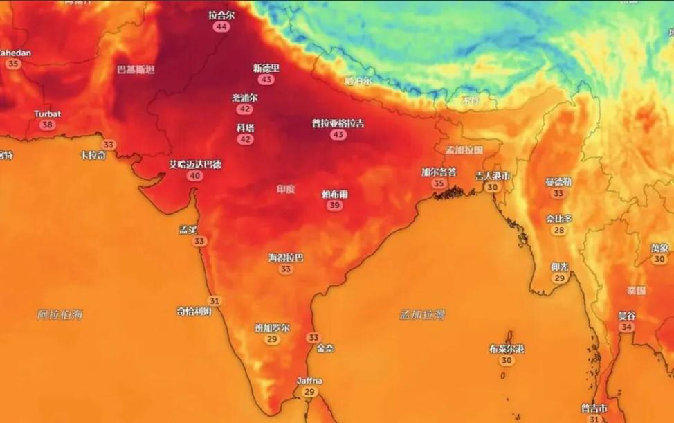 近期印度遭遇超强极端热浪，多地气温突破45℃，局部逼近50℃，高温灾害席卷全城，