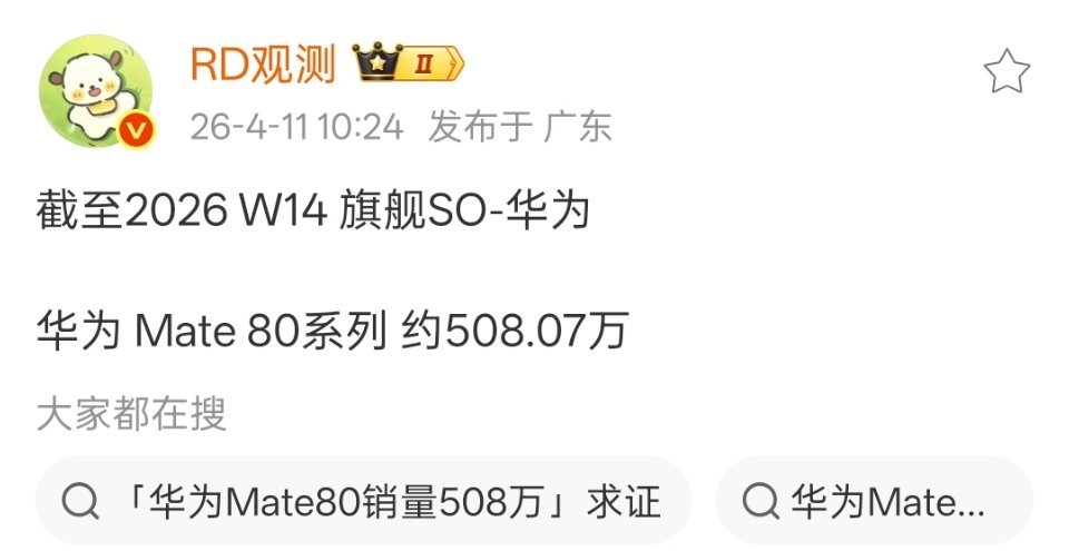华为Mate80系列手机销量突破500万台了。目前的销量依然很稳定，破1000万