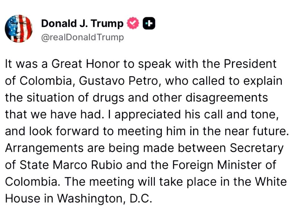 特朗普声称哥伦比亚总统佩特罗打来电话，致电他解释了“毒品问题以及我们之间存在的其