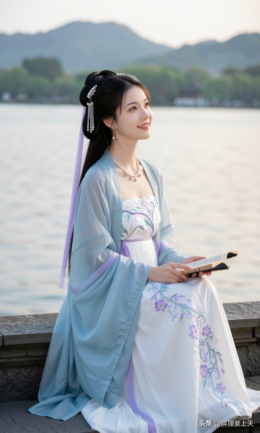 坐在西湖边执卷看书，这身素雅汉服，活脱脱从江南诗词里走出来的闺秀！美女人像群 高