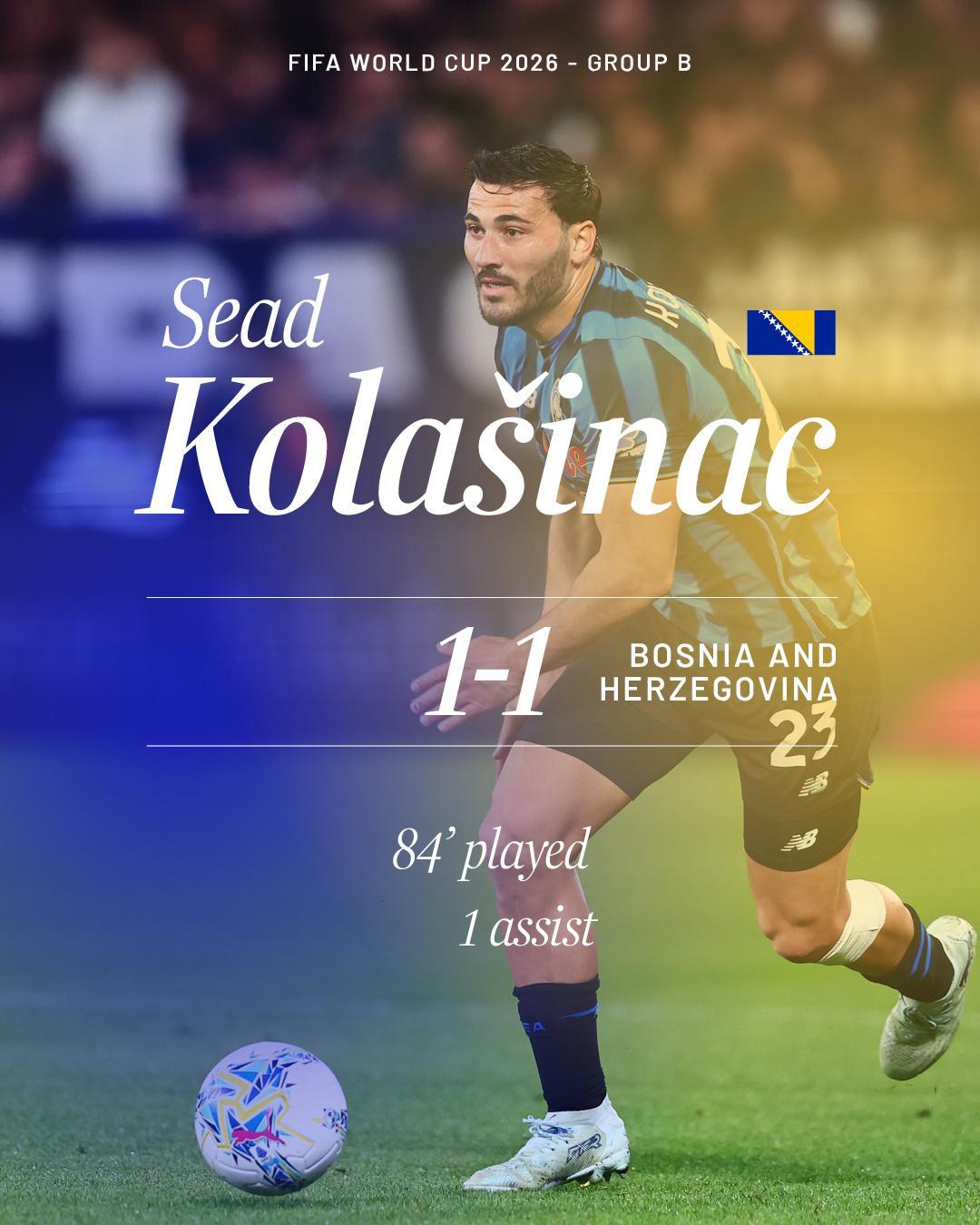 科拉希纳茨在世界杯 首秀中送上助攻 👏🇧🇦波黑队1-1战平东道主之一加拿大