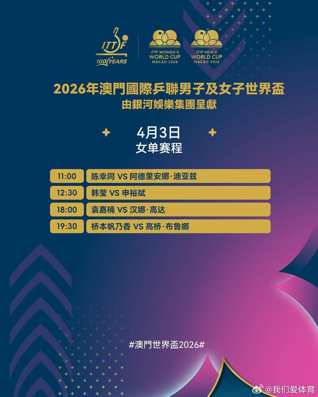 澳门世界杯2026 4月3日赛程。中国乒乓球梦之队