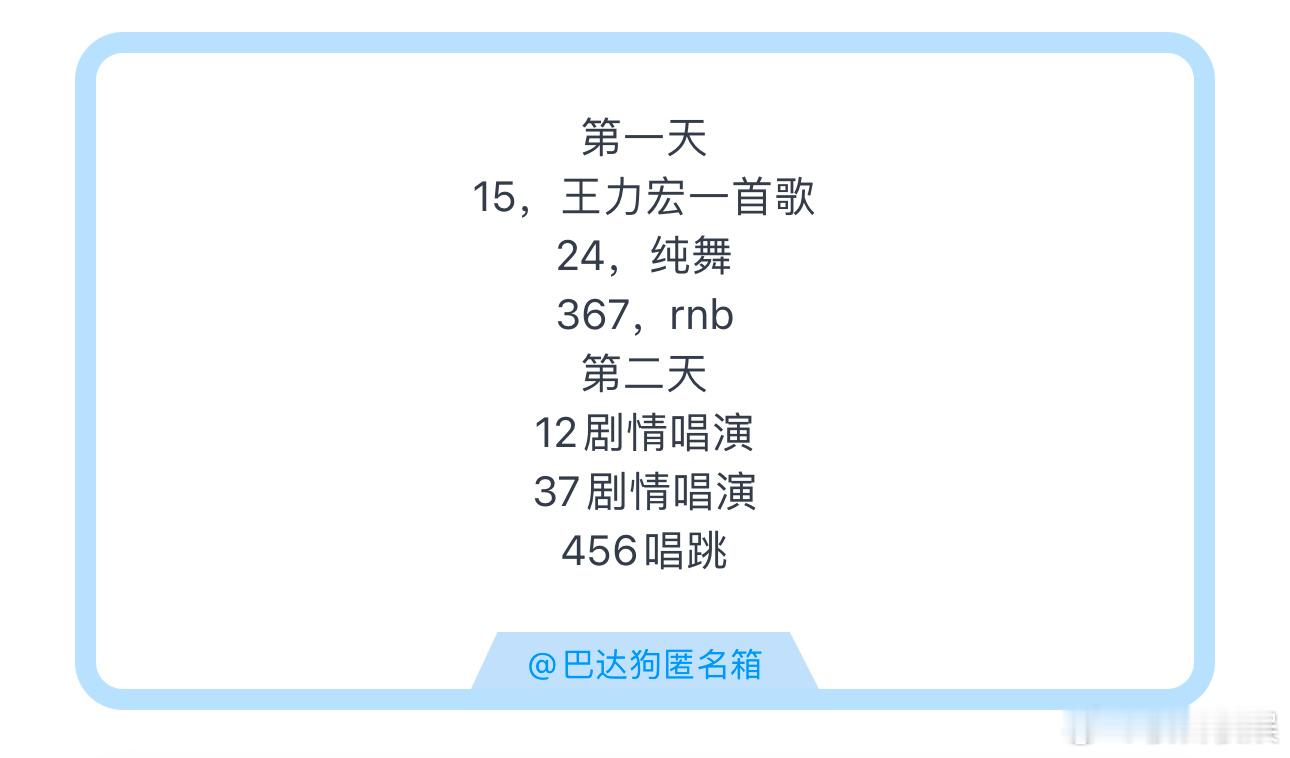 投第一天15，王力宏一首歌24，纯舞367, rnb第二天12剧情唱演37剧情唱