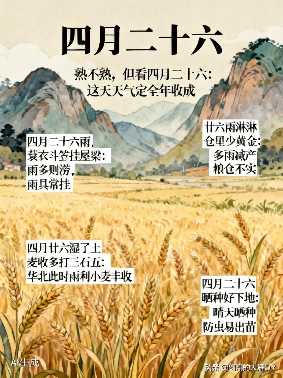 今天是四月二十六民间俗语有
- 熟不熟，且看四月二十六：此日天气定全年收成。
​
