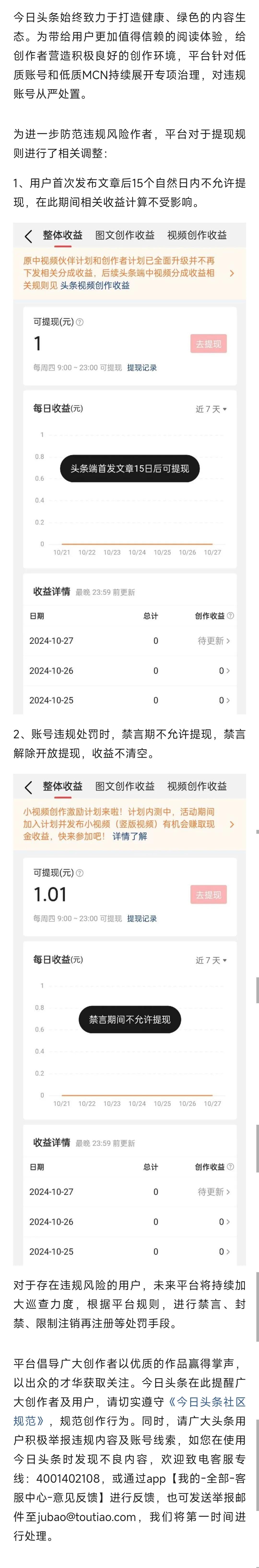 头条降到最低1元可以提现，违规处罚要注意积极举报不良内容期待平台更健康，创作环境