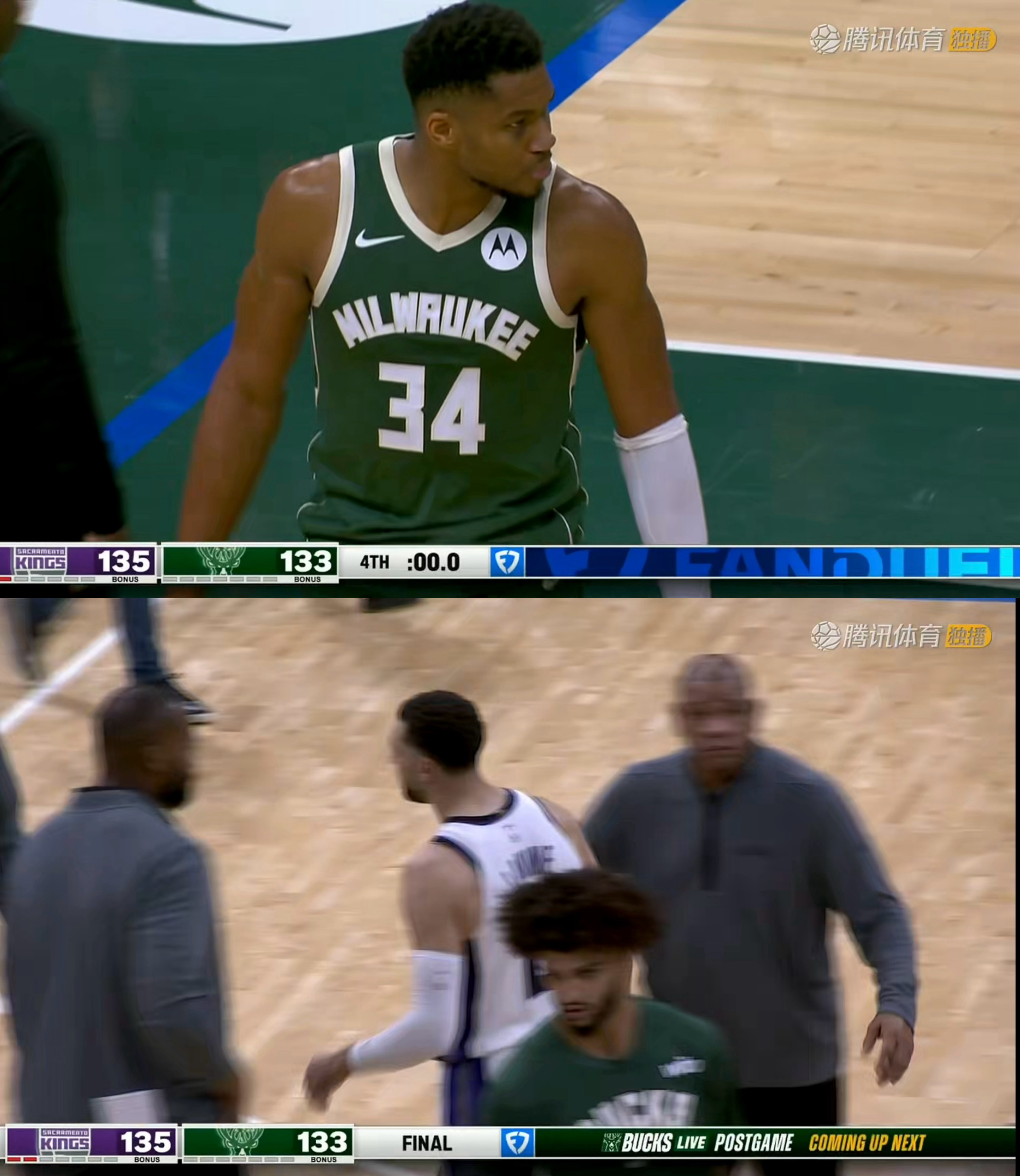 国王135-133雄鹿，结束三连败。德罗赞29分、拉文31分、小萨和施罗德各24