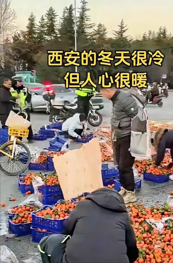 [太阳]1月6日，一辆沙糖桔的货车在西安翻车后，200多箱沙糖桔洒了一地，车主慌
