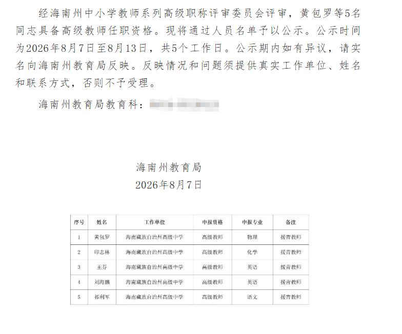 海南州2026年上半年中小学援青教师系列职称评审结果公示！共5名优秀教师顺利通过