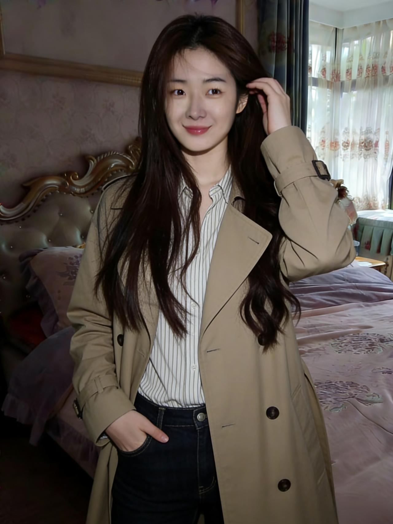 风衣裹住一室的温柔
条纹衬衫藏着未说的暖秋
指尖绕着发梢的丝滑
像风掠过窗，轻触