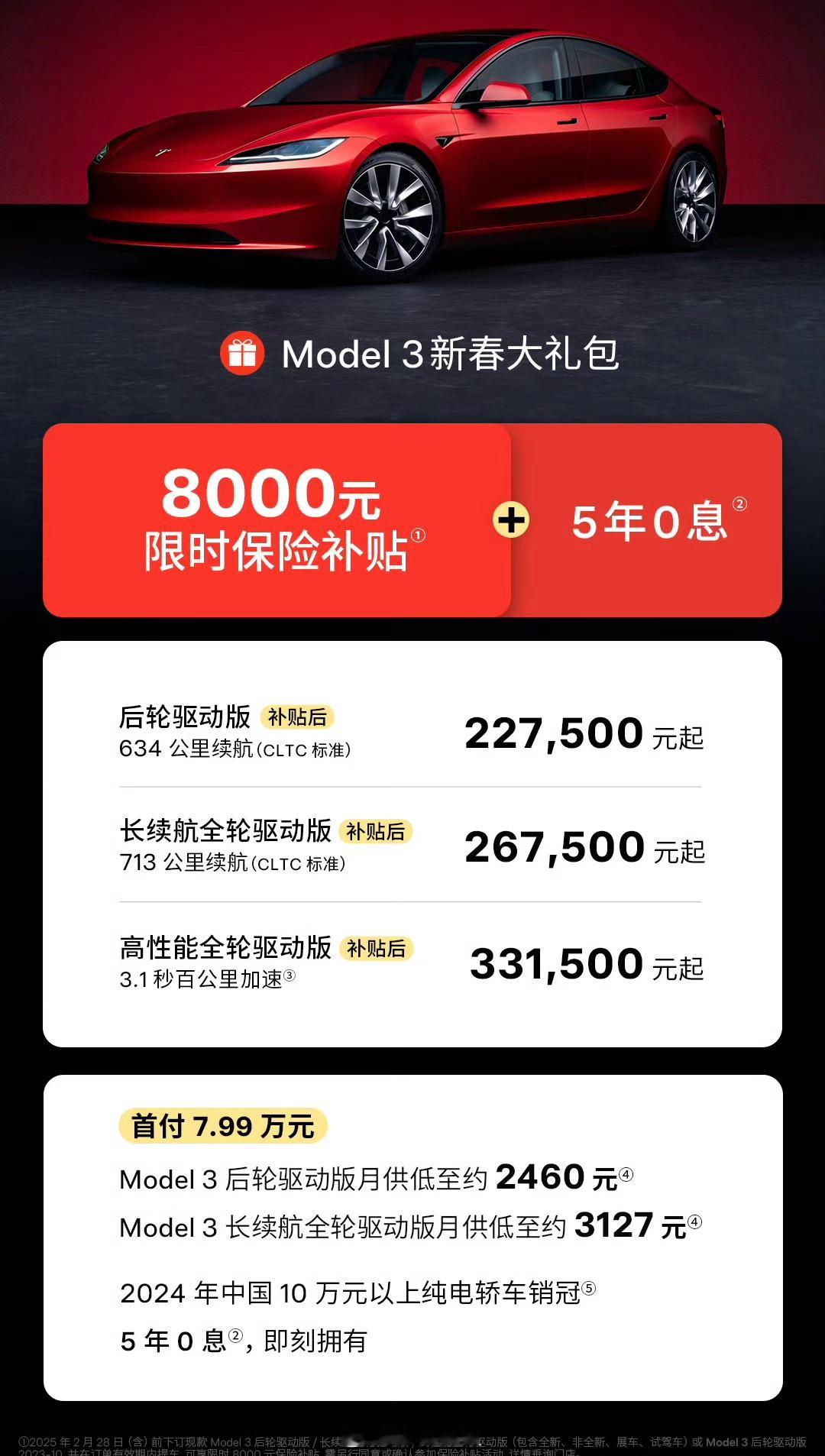 特斯拉Model3降价8000元 限时保险补贴8000元+5年0息政策+特享充电