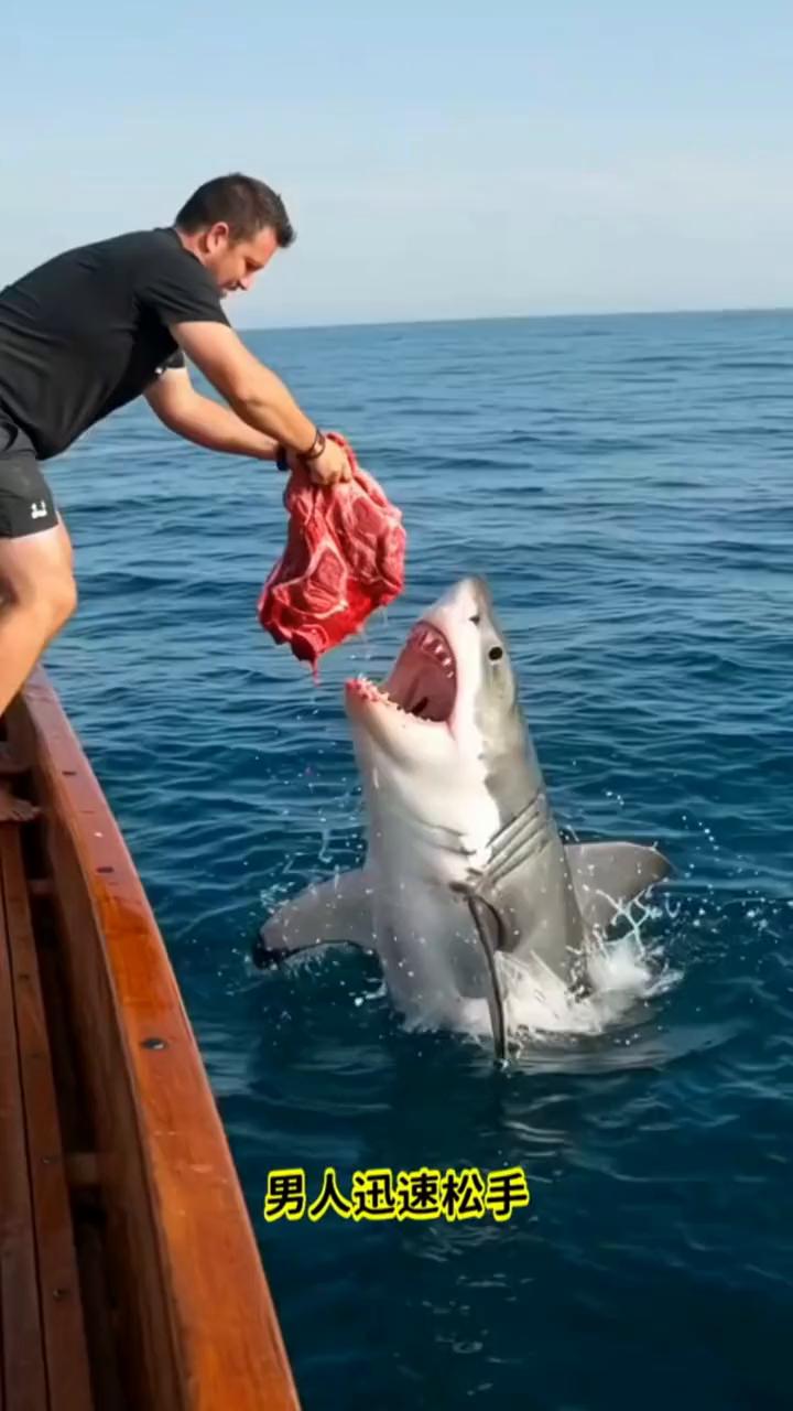 男人站在船头举着大块红肉，鲨鱼猛地跃出水面一口咬住肉块，男人迅速松手，鲨鱼带着肉