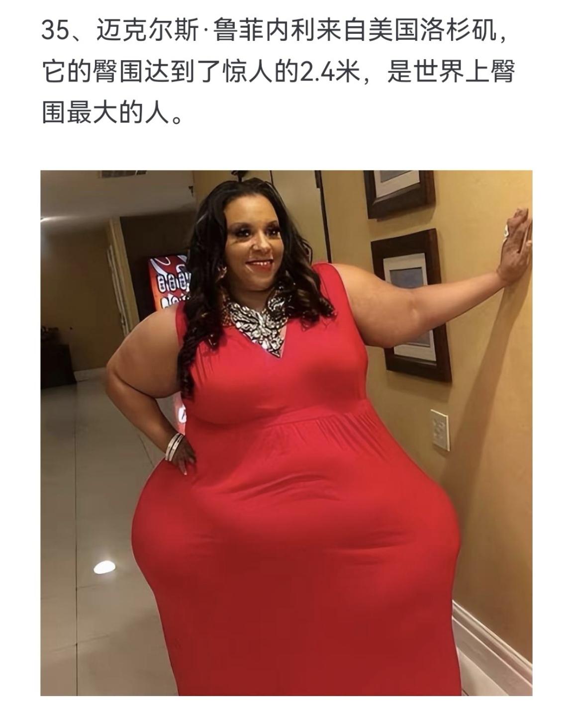 迈克尔斯．鲁菲内利来自美国洛杉矶，它的臀围达到了惊人的2.4米，是世界...