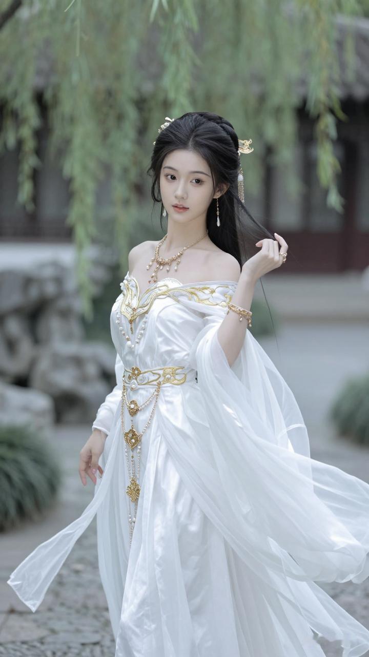 穿越时空的古典美人，白衣飘飘，金饰点缀，宛如仙子下凡。