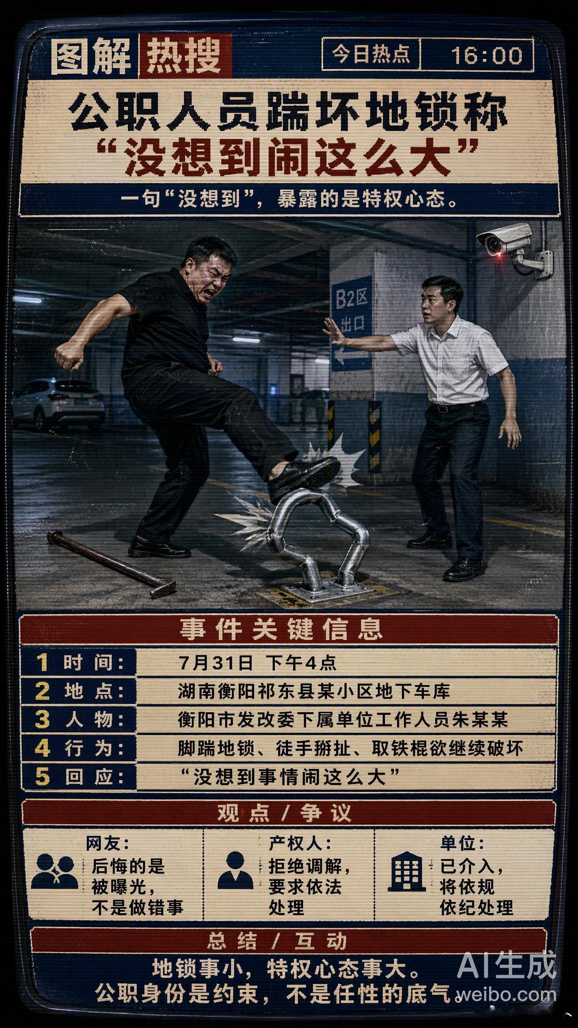 损坏地锁公职人员称没想到闹这么大脚踹地锁、徒手强拆，甚至手持铁棍……地下停车场里